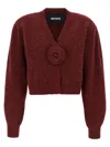 Rotate Birger Christensen Rotate Cropped Burgundy Sweater With Deep V-neckline And Floral Embellishment In Burgundy