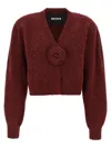 Rotate Birger Christensen Rotate Cropped Burgundy Sweater With Deep V-neckline And Floral Embellishment In Burgundy