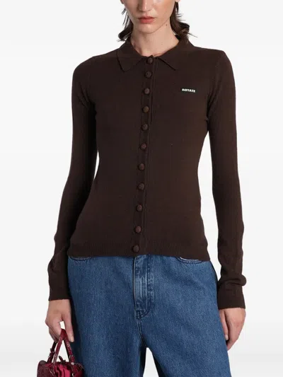 Rotate Birger Christensen Knitted Polo Top Dark Brown