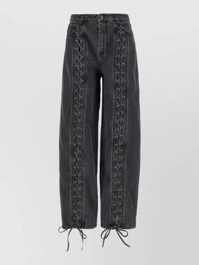 Rotate Birger Christensen Lace Detail Wide Leg Denim Trousers In Black