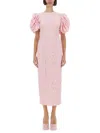 Rotate Birger Christensen Rotate Pink Floral Midi Dress With Puff Sleeves In Mixed Materials Women In Pink