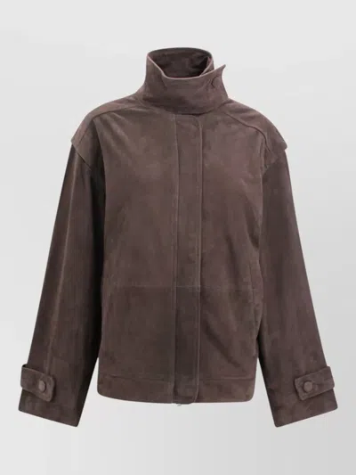 Rotate Birger Christensen Leather Jacket High Collar Buttoned Cuffs Pockets In Brown