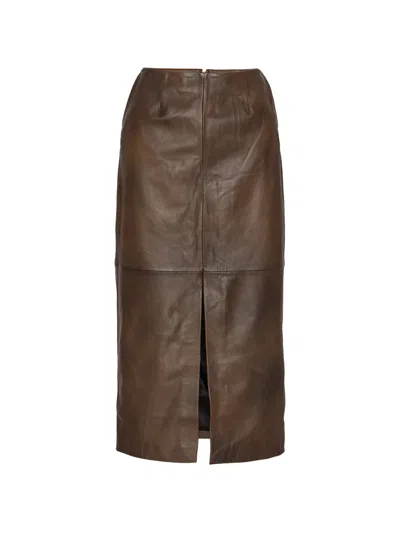Rotate Birger Christensen Leather Midi Skirt In Brown