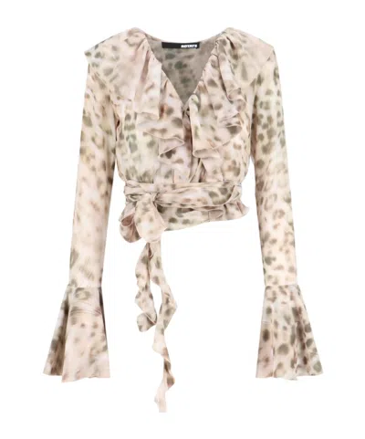 Rotate Birger Christensen Cropped Ruffled Leopard-print Chiffon Wrap Top In Animal-print