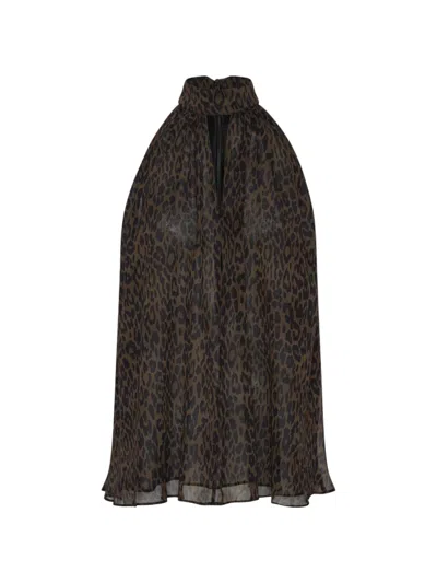 Rotate Birger Christensen Leopard Print Sleeveless Top With Draped Silhouette In Brown