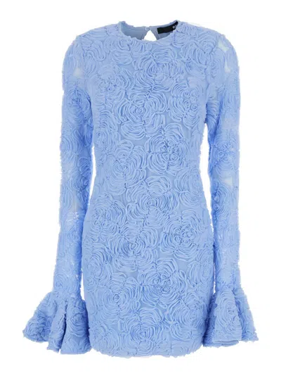 ROTATE BIRGER CHRISTENSEN LIGHT BLUE MINI DRESS WITH PUFFED LONG SLEEVES AND ALL-OVER FLORAL MOTIF IN TECH FABRIC WOMAN