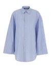 Rotate Birger Christensen Light Blue Oversized Shirt With All-over Stripe Motif And Embroidered Logo On The Front In Cotton Po In Blue