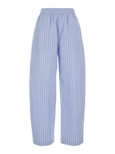Rotate Birger Christensen Light Blue Pants Witth Striped Design And Elastic Waist In Cotton Poplin Woman