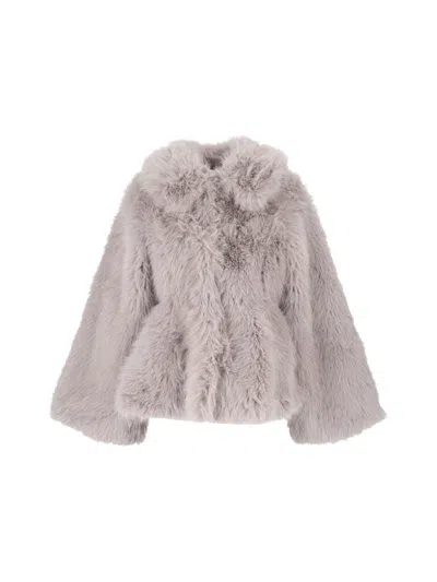 Rotate Birger Christensen Light Gray Faux Fur Flared Jacket In Animal Print