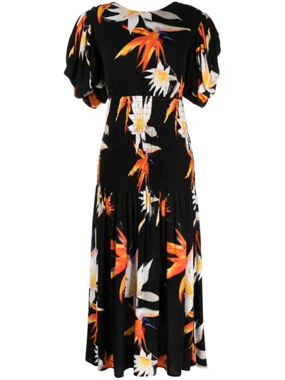 Rotate Birger Christensen Lily Floral-print Midi Dress In Black
