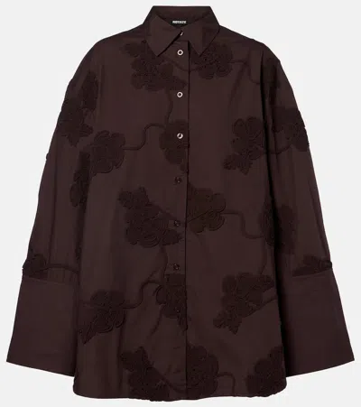 Rotate Birger Christensen Lipy Embroidered Oversized Cotton Shirt In Brown