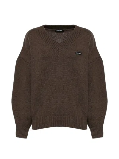 Rotate Birger Christensen Logo-patch V-neck Sweater In Brown