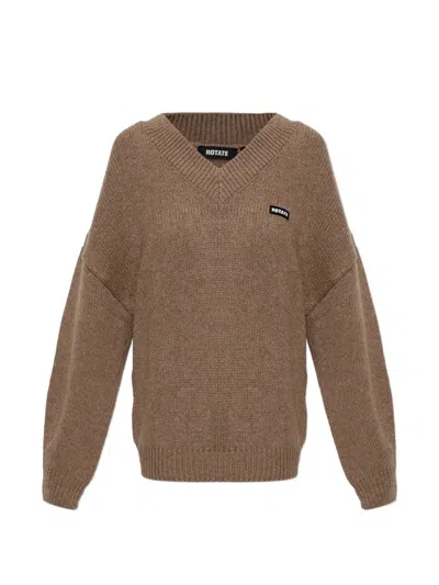 Rotate Birger Christensen Logo-patch V-neck Sweater In Brown