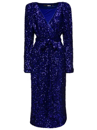 ROTATE BIRGER CHRISTENSEN LONG BLUE WRAP DRESS WITH ALL-OVER SEQUINS IN STRETCH POLYESTER WOMAN ROTATE