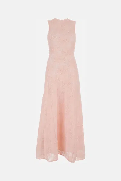 Rotate Birger Christensen Pink Crewneck Sleeveless Long Dress With All-over Embroidery And Rear Zip Closure In Tech Fabric Str