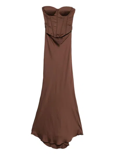 ROTATE BIRGER CHRISTENSEN LONG DRESS WITH BROWN BUSTIER BODICE ROTATE