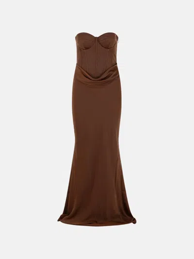 Rotate Birger Christensen Long Dress With Corset In Brown Polyester Satin
