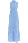 Rotate Birger Christensen Long Floral Maxi Dress In Recycled Polyester With 3d Roses In Blue