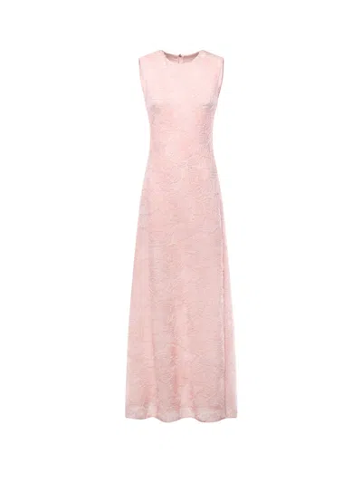 Rotate Birger Christensen Long Floral Mesh Dress In Pink