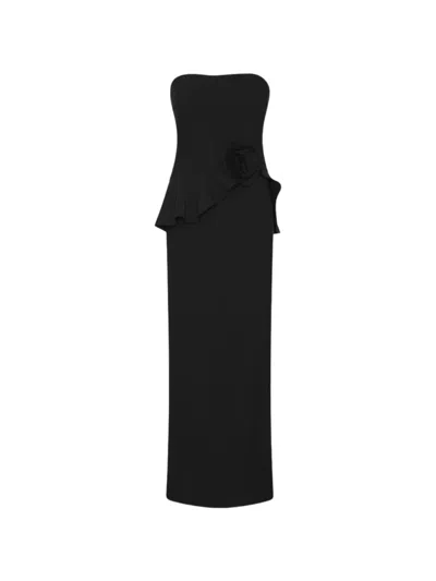 Rotate Birger Christensen Maxi Dress With Strapless Design And Floral Applique In Black
