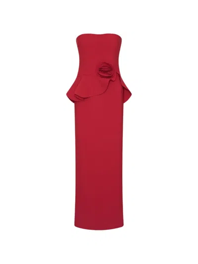 Rotate Birger Christensen Rotate Strapless Maxi Dress With Ruffle Waist Detail And Back Slit In Red