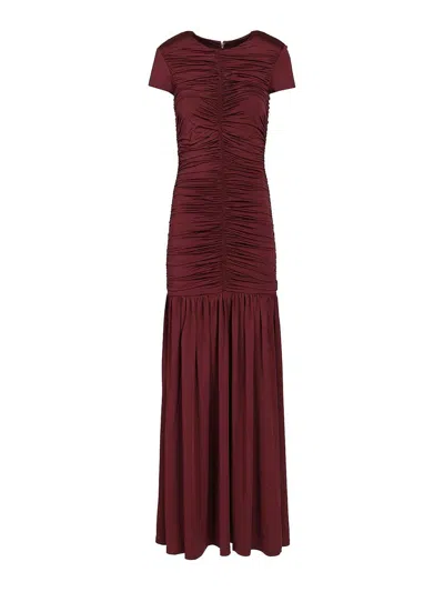 Rotate Birger Christensen Long Gathered Dress In Dark Red