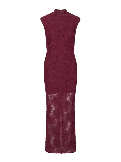 Rotate Birger Christensen Sheer Floral Mesh Maxi Dress With High Neckline And Fitted Silhouette In Burgundy