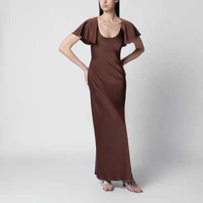 Rotate Birger Christensen Long Satin Dress With Flutter Sleeves In Potting Soil In Brown