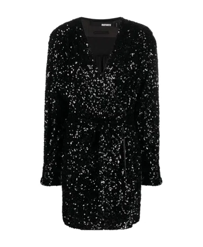 Rotate Birger Christensen Long-sleeved Deep V Dress In Black