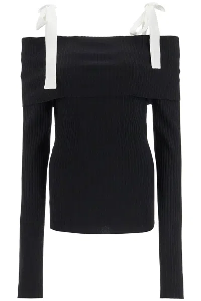 Rotate Birger Christensen Off-shoulder Top With Tied Bow Straps In Black