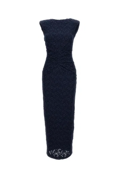 Rotate Birger Christensen Long Sleeveless Fitted Midi Dress With Textured Detailing In Blue