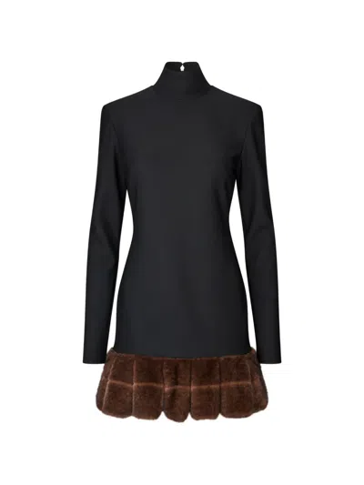 Rotate Birger Christensen Long-sleeve Faux-fur Trim Mini Dress In Black