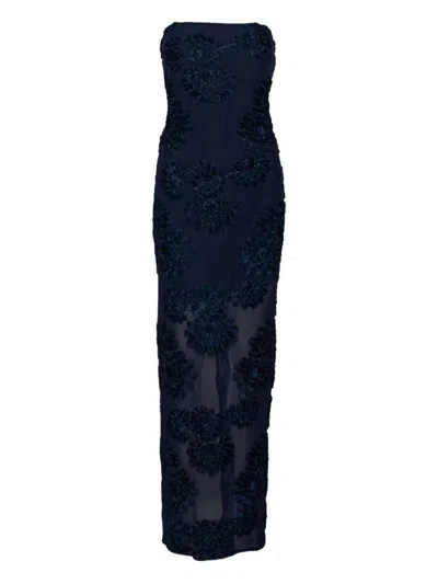 ROTATE BIRGER CHRISTENSEN MAXI DRESS WITH FLORAL EMBELLISHMENTS AND MESH PANEL