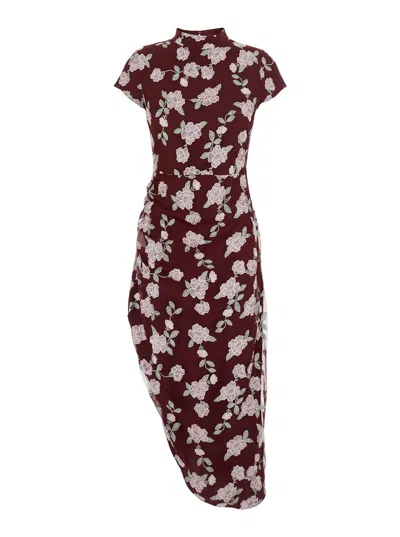 ROTATE BIRGER CHRISTENSEN BORDEAUX DRESS WITH ALL-OVER FLORAL EMBROIDERY IN FABRIC WOMAN