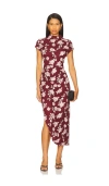 Rotate Birger Christensen Asymmetrical Mesh Midi Dress With Floral Embroidery In Burgundy