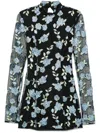 Rotate Birger Christensen Black High Neck Mini Dress With Semi Sheer Sleeves And All-over Floral Motif In Tech Fabric Woman In Black