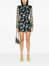 Rotate Birger Christensen Black High Neck Mini Dress With Semi Sheer Sleeves And All-over Floral Motif In Tech Fabric Woman In Black