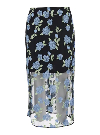ROTATE BIRGER CHRISTENSEN PENCIL SKIRT WITH MESH PANELS AND ALL-OVER FLORAL MOTIF IN TECH FABRIC
