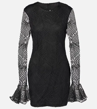 Rotate Birger Christensen Floral Embroidered Satin Minidress In Black