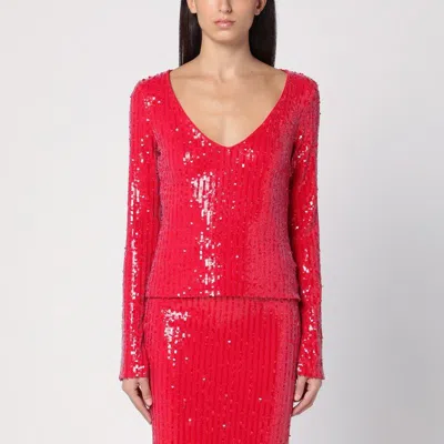 ROTATE BIRGER CHRISTENSEN MICRO SEQUIN RED SWEATER WITH WIDE V-NECK