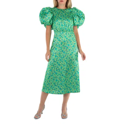 Rotate Birger Christensen Midi Dress With Multicolor Floral Print And Puffed Sleeve