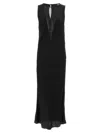 Rotate Birger Christensen Midi Black Dress With Plunging V Neck With Mesh Insert In Viscose Woman In Black