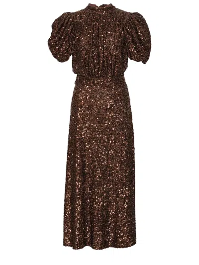 Rotate Birger Christensen Midi Dress With Sequins In Brown