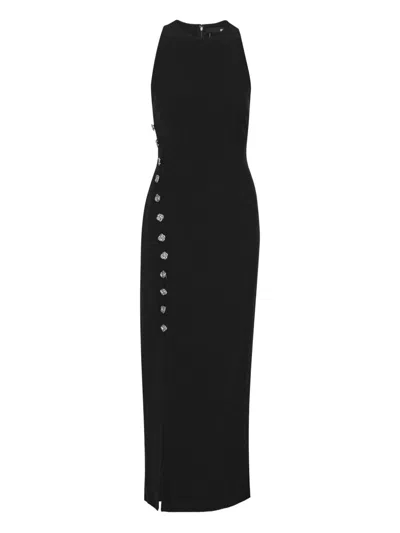Rotate Birger Christensen Midi Dress With Slit And Rose Buttons Rotate In Black