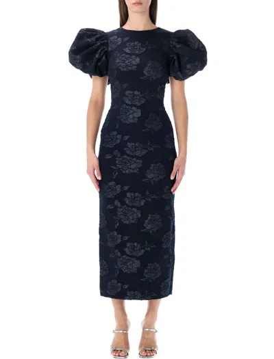 Rotate Birger Christensen Midi Puff Dress Flower Intarsia In Blue