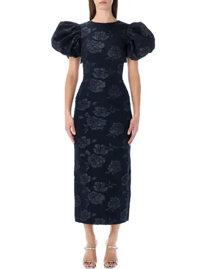 Rotate Birger Christensen Midi Puff Dress Flower Intarsia In Blue