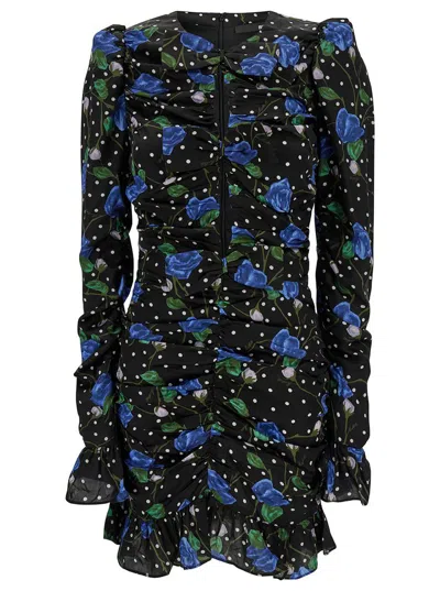 Rotate Birger Christensen Mini Black Dress With Cut-out And Polka-dots And Rose Print In Viscose Woman In Blue