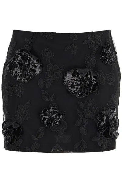 ROTATE BIRGER CHRISTENSEN MINI SKIRT IN RECYCLED BLACK POLYESTER MESH WITH FLORAL PATTERN
