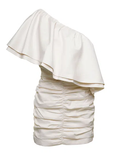 ROTATE BIRGER CHRISTENSEN MINI WHITE ONE-SHOULDER DRESS WITH LARGE RUFFLES IN RUCHED POLYESTER WOMAN
