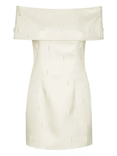 Rotate Birger Christensen Off-shoulder Beaded Minidress In Neutral